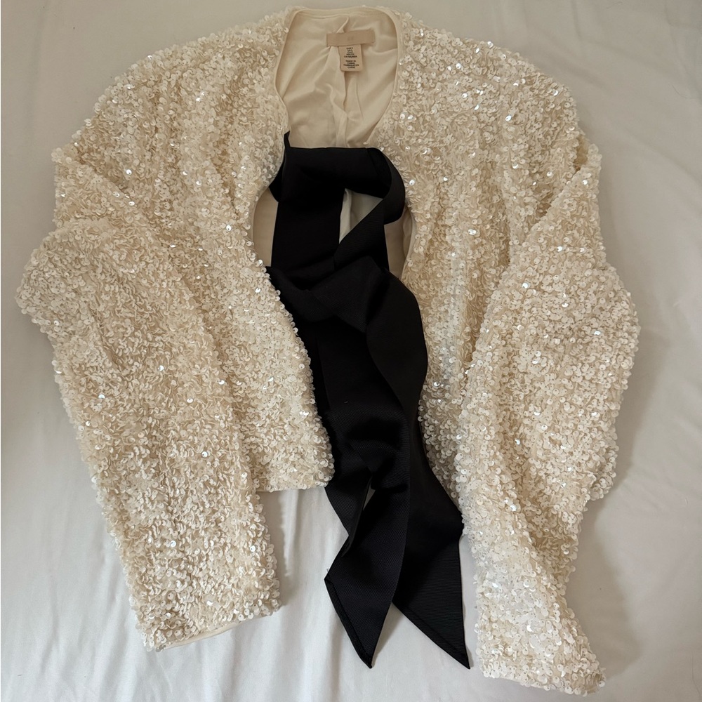 Viral H&M Sequin Embellished Cream Jacket with Black Bow